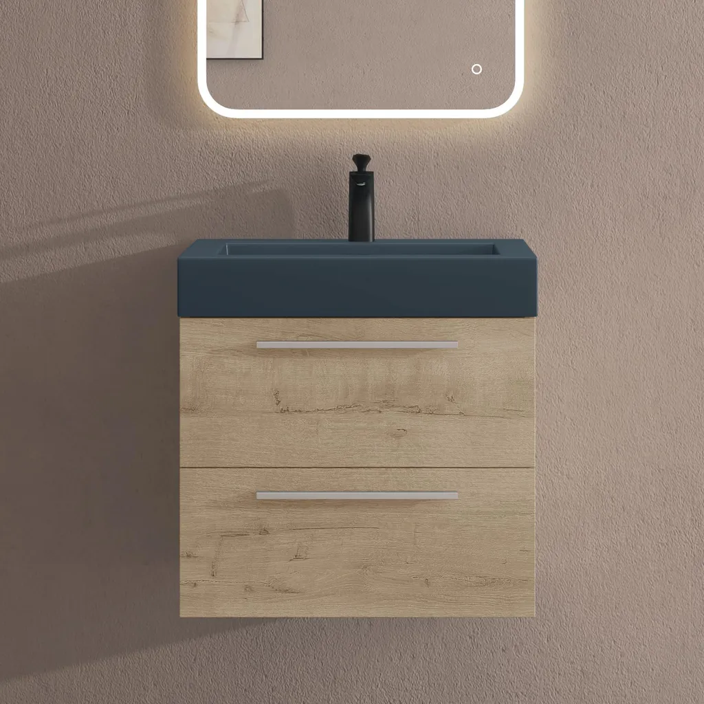 Meuble Salle de Bain Suspendu 60 cm Gain de Place Chêne Clair Quadratto