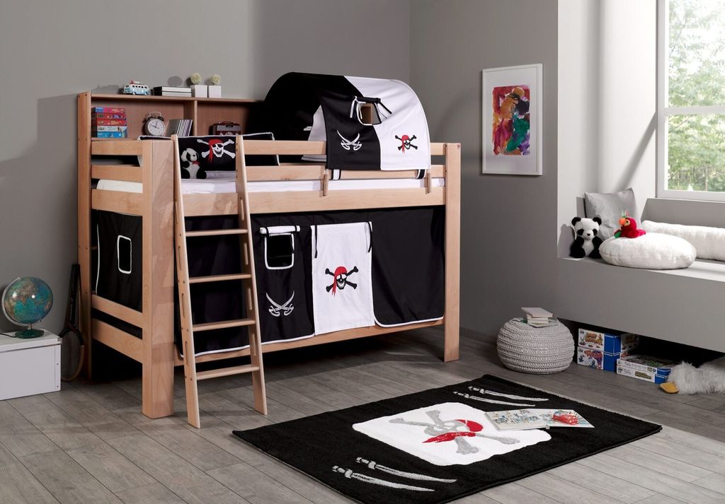 Etagenbett Jan Buche Natur lackiert mit Bücherregal 90x200 cm