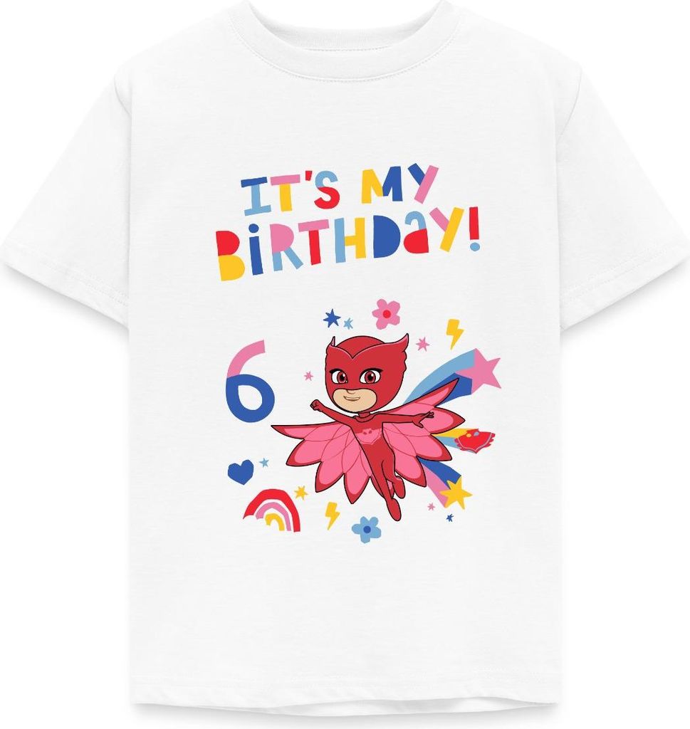 Spreadshirt PJ Masks Eulette Geburtstags Design 6. Geburtstag Kinder T-Shirt, 98/104 (3-4 Jahre), Weiß