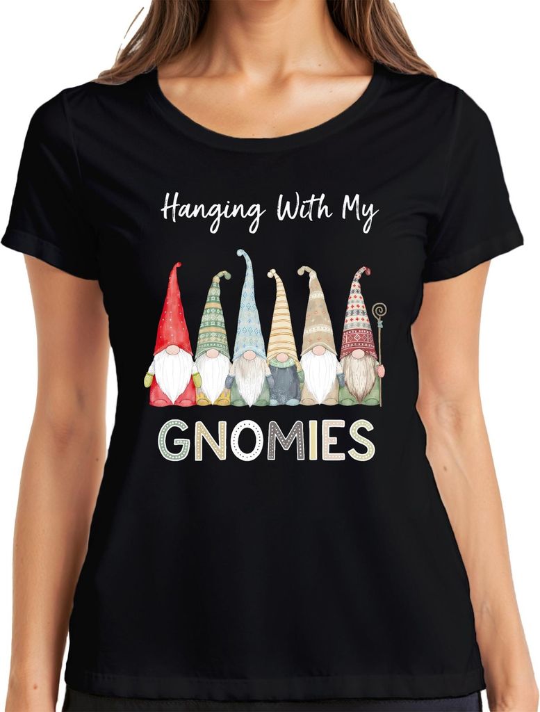 Hanging With My Gnomies Weihnachts Wichtel Zwerg Skandinavisch Damen T-Shirt, Schwarz, 3XL