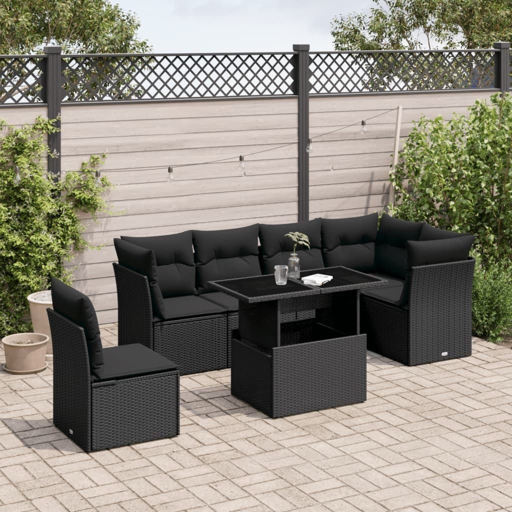 Möbel 7-tlg. Garten-Sofagarnitur mit Kissen Schwarz Poly Rattan - Loungegruppe 3266615