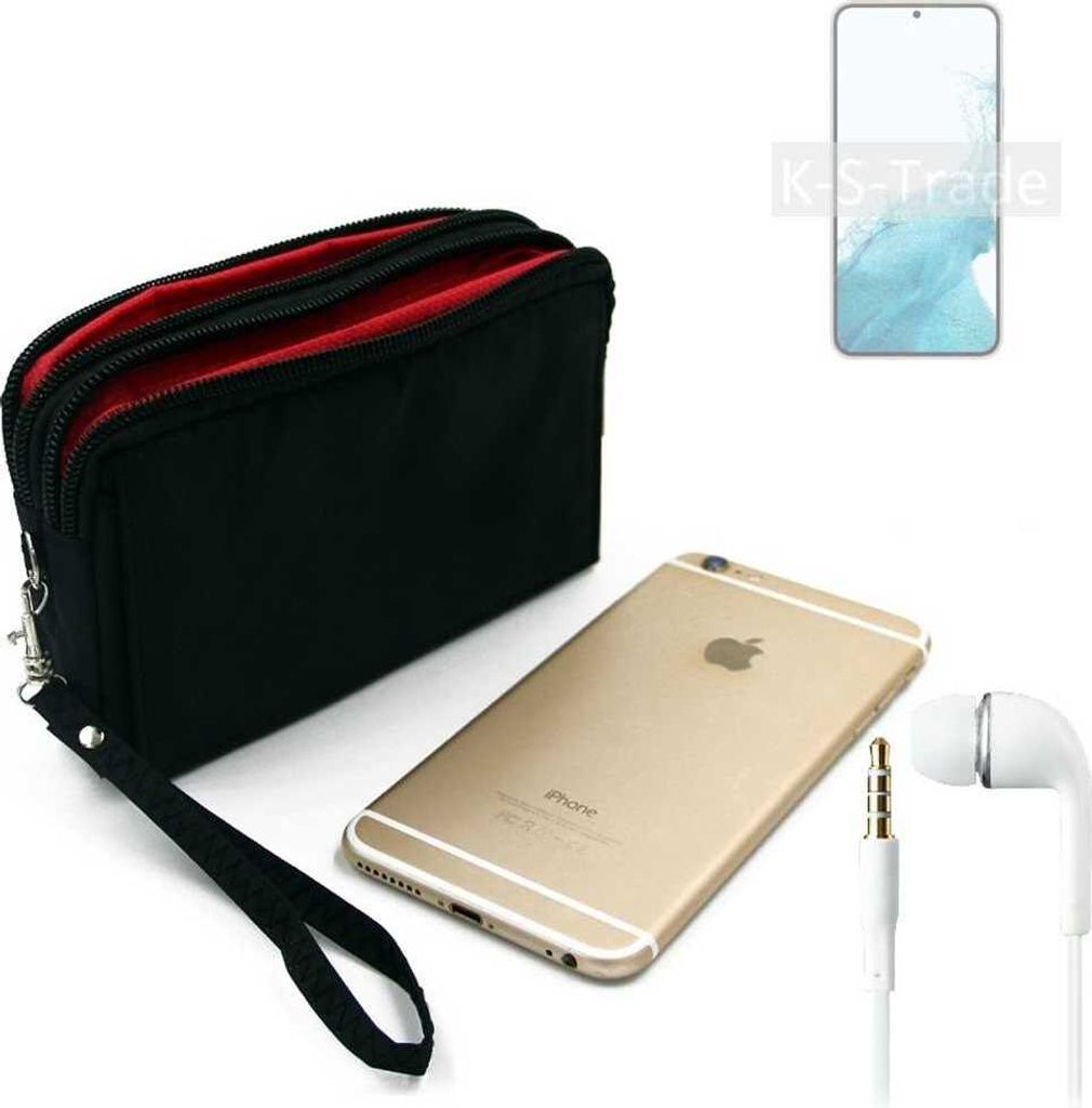 TOP SET kompatibel mit Samsung Galaxy S22+ Exynos Handy Hülle Gürteltasche schwarz + Kopfhörer Travel Bag Travel-Case mit Diebstahlschutz