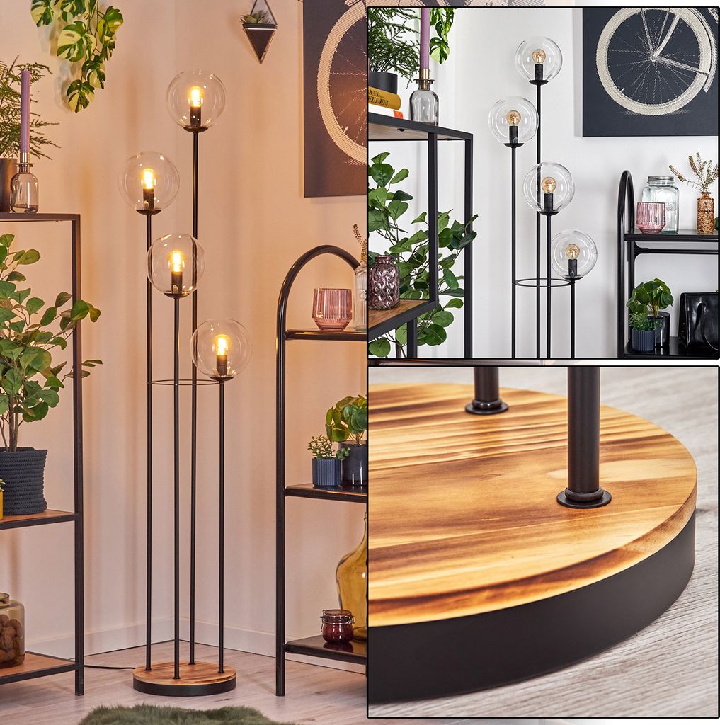 Fossobiubo Stehlampe aus Metall/Holz/Glas in Schwarz/Naturfarben/Klar