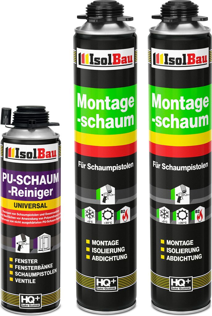 Isolbau Bauschaum-Set - Inkl. 2x 1K Montageschaum Pistolenschaum (je 750 ml) & 1x PolyurethanSchaum-Reiniger (500 ml)