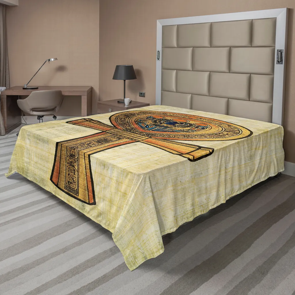 ABAKUHAUS Lenzuolo egiziano, papiro antico, chiave egizia Stampa Impero tradizionale Stampa, lenzuolo superiore morbido e confortevole per un letto decorativo 1 pezzo 275 cm x 260 cm, crema arancione