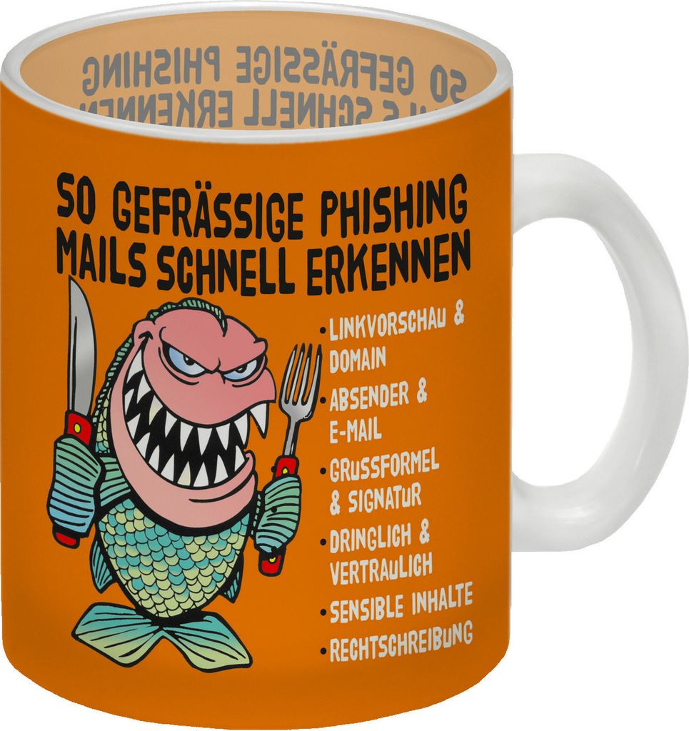 Glas Tasse zum Thema Phishing Mails erkennen mit Fisch Motiv in orange