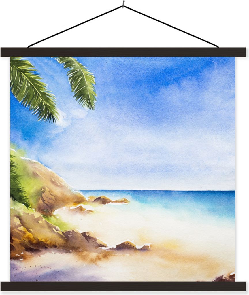 MuchoWow Textilposter Strand - Meer - Aquarell 120x120 cm mit schwarzem Rahmen - Aufhängungsset