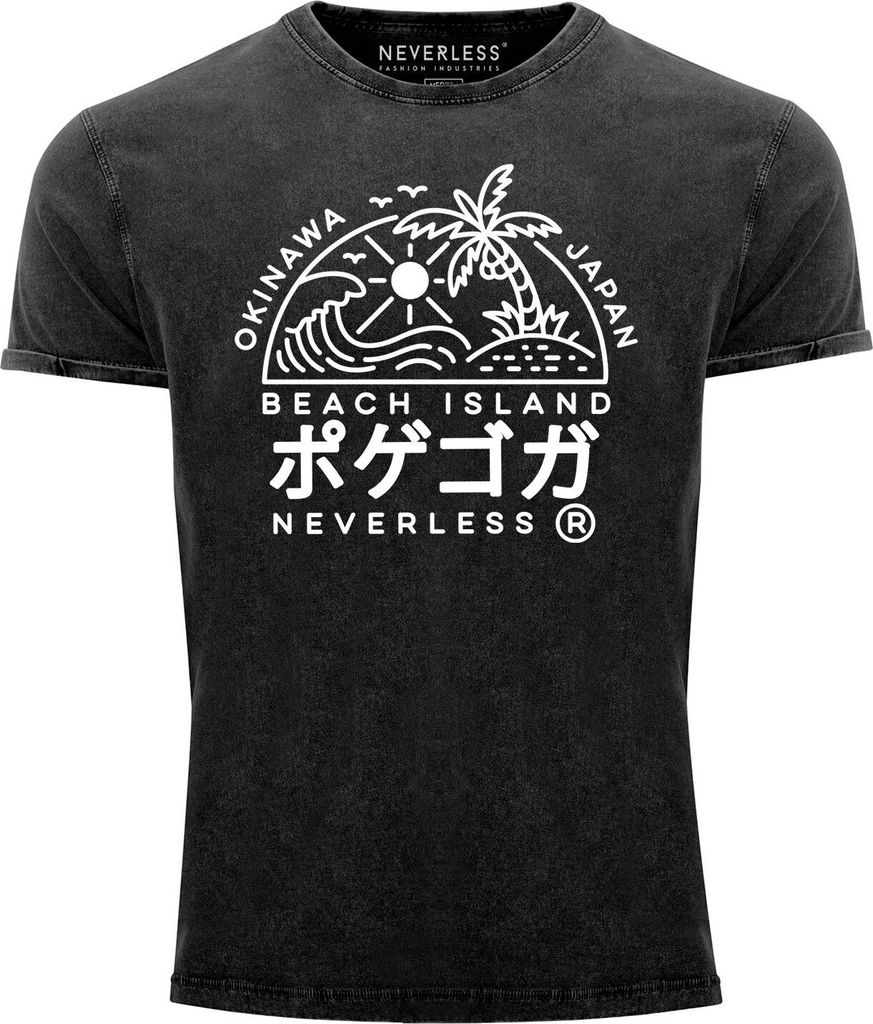 Herren Vintage Shirt Japan Okinawa Beach Island Schriftzeichen Printshirt T-Shirt Aufdruck Used Look Neverless schwarz S