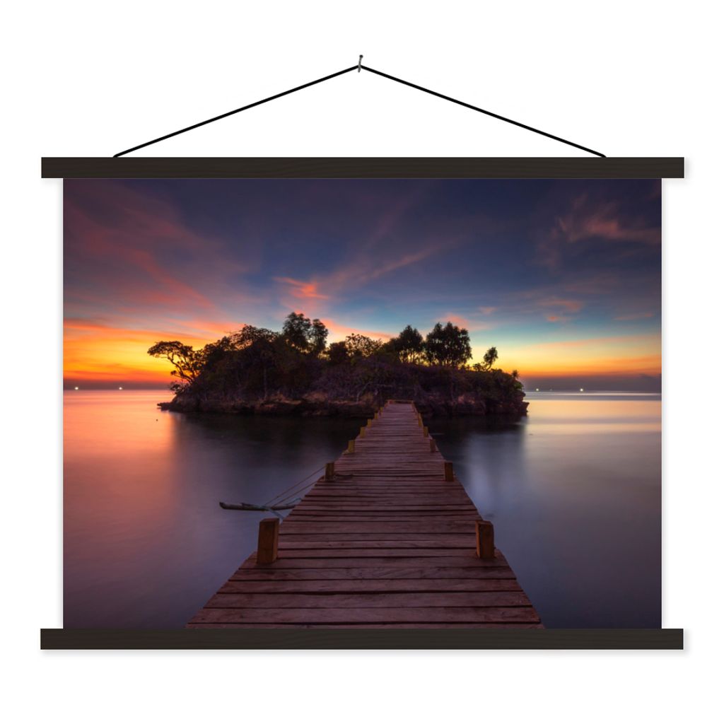 MuchoWow Textilposter Sonnenuntergang - Brücke - Bäume - Wasser - Insel 150x113 cm mit schwarzem Rahmen - Wohnzimmer