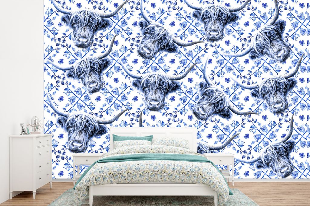 MuchoWow Fototapete für Wohnzimmer oder Schlafzimmer Wandtapete Vinyl Motivtapete Schottischer Highlander - Delfter Blau - Muster - 525x350 cm -...