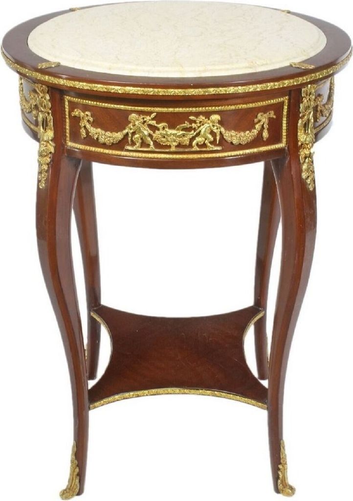Casa Padrino Barock Beistelltisch mit Marmorplatte Braun / Gold / Creme Ø 45 x H. 75 cm - Runder Tisch im Barockstil - Barock Möbel