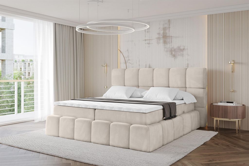 ALTDECOR Boxspringbett mit Matratze und Lattenrost, Topper, Polsterbett mit Bettkasten, Bett mit Stauraum H4-Matratze, Doppelbett, Boxbett - AURI -...