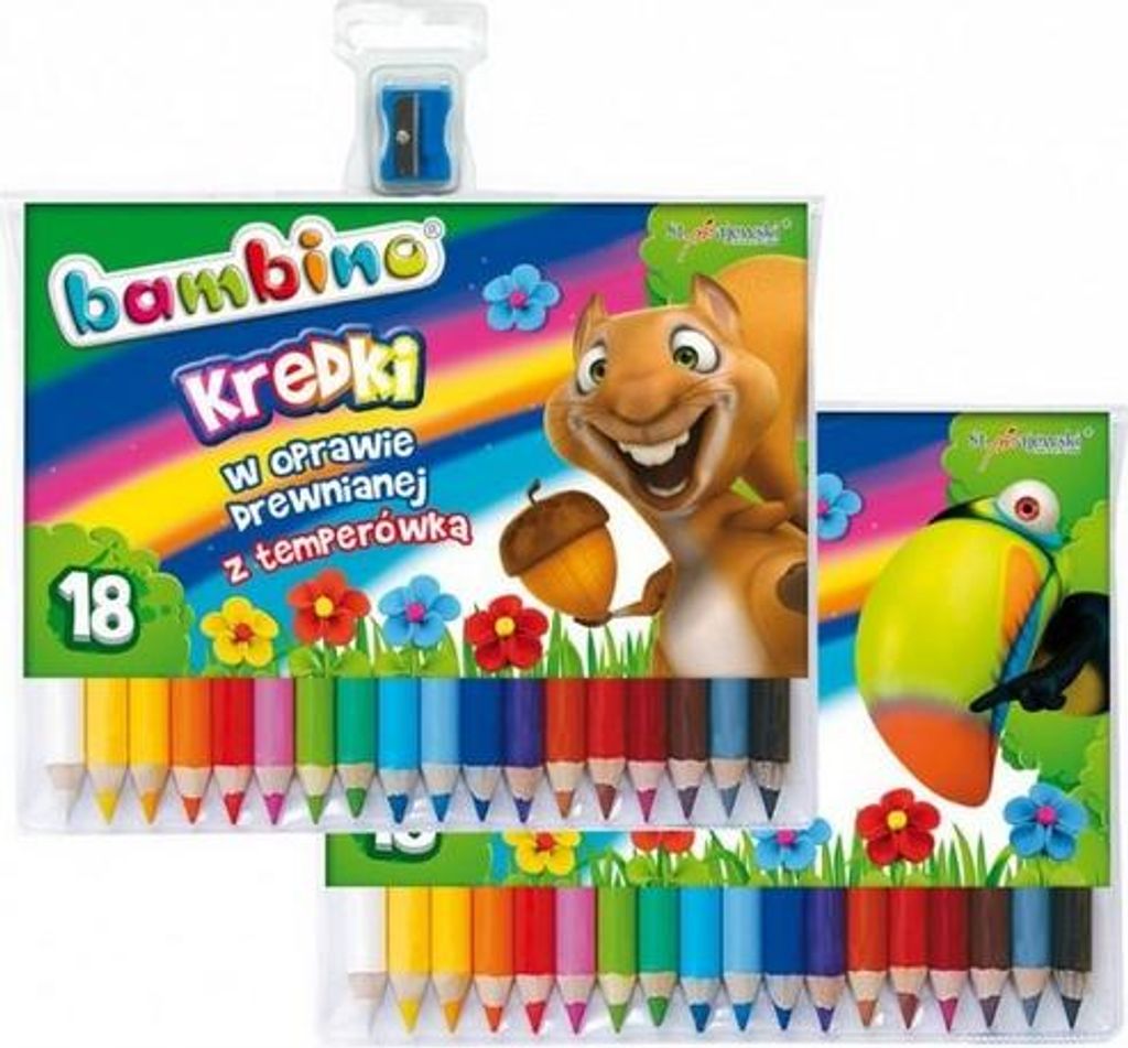 A product shot of Bambino colored pencils in their packaging, along with a sharpener.