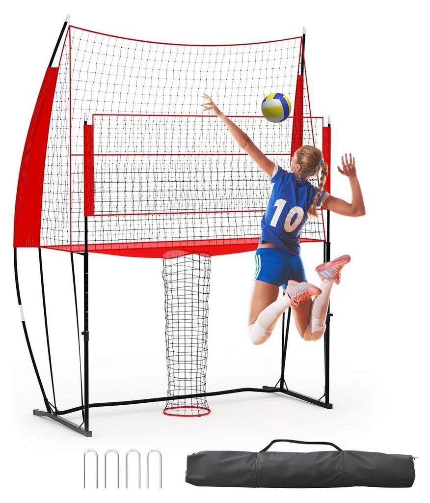 Volleyball-Trainingsnetz - Übungsnetz - Höhenverstellbar - Größe 2,44 x 3,35 m - Tragbar mit Tragetasche - Rot/Schwarz
