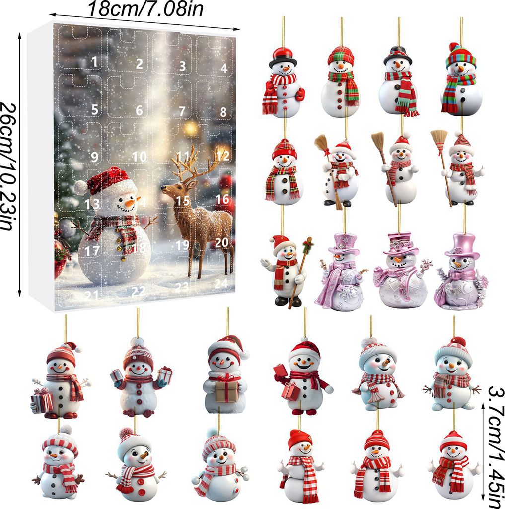 Weihnachts-Schneemann-Adventskalender, 24 Mini-Schneemann-Hängeornamente, Weihnachts-Countdown-Dekoration für Urlaub, Party, Heimdekoration