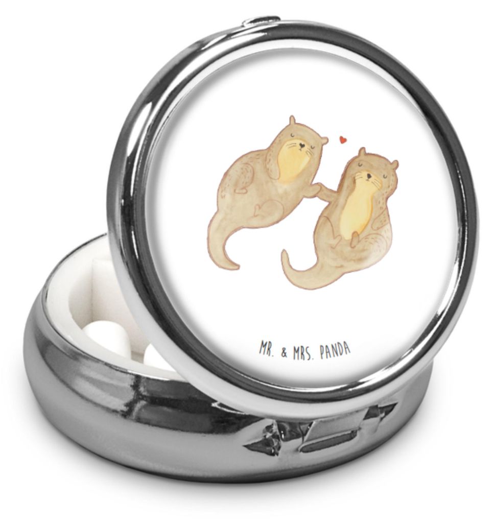 Mr. & Mrs. Panda Tablettenbox Otter Hände halten - Weiß - Geschenk, Verliebt, Paar, Medikamentendispenser, Seeotter, Pillendose, Dose, Tablettend...