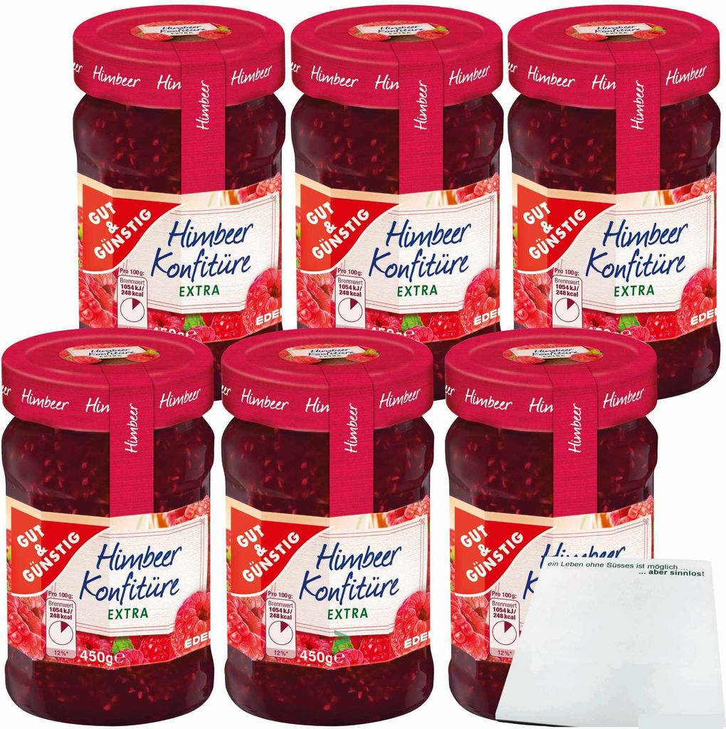 Gut & Günstig Himbeer Konfitüre extra ausgeprägter Himbeergeschmack und 50% Frucht 6er Pack (6x450g Glas) + usy Block