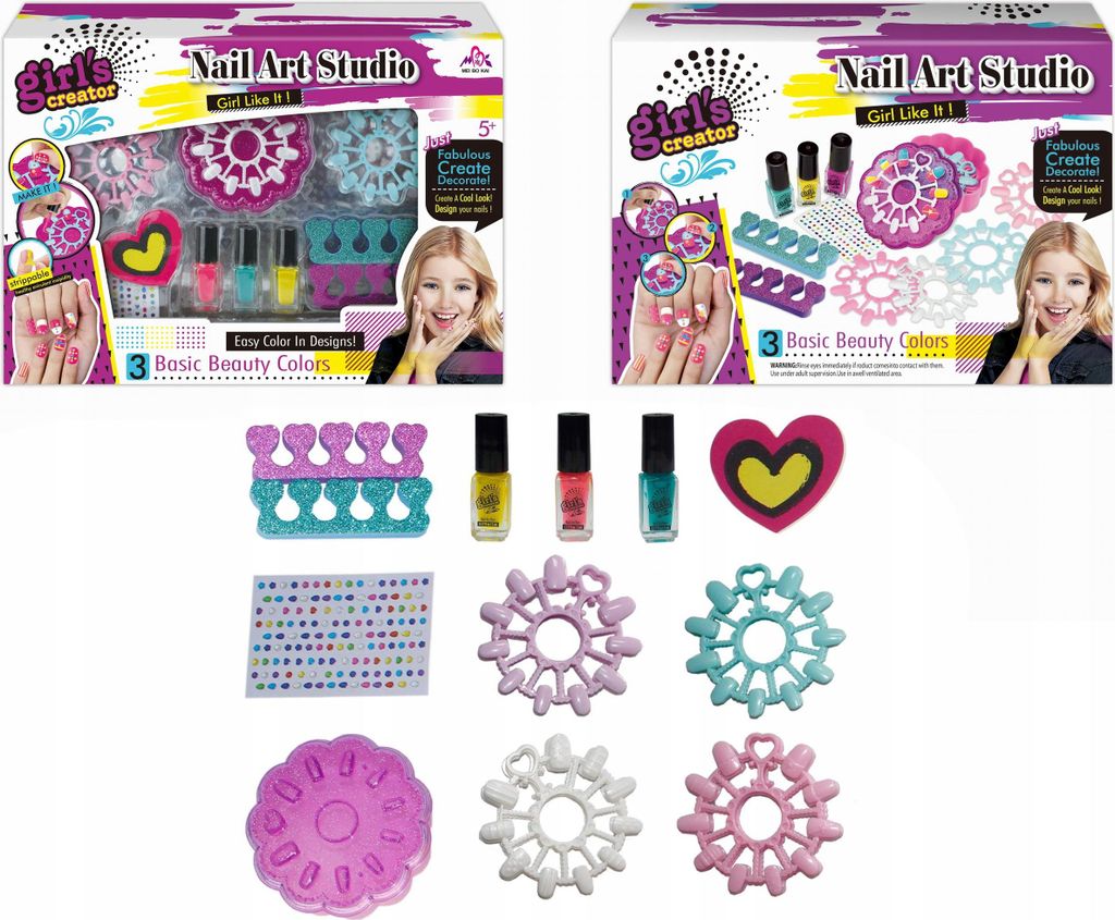 Großes Kinder Nagelstudio Set - 3 Nagellacke Kunstnägel & Zubehör Maniküre Spielzeug