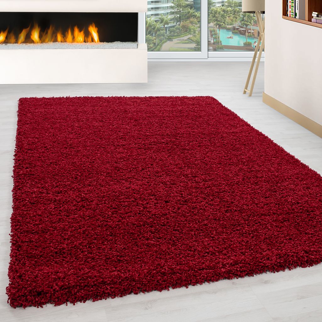 Teppich Wohnzimmer Hochflor Einfarbiges Design Langflor Shaggy Modern Flauschig, Größe: 120 cm Rund, Farbe: Rot