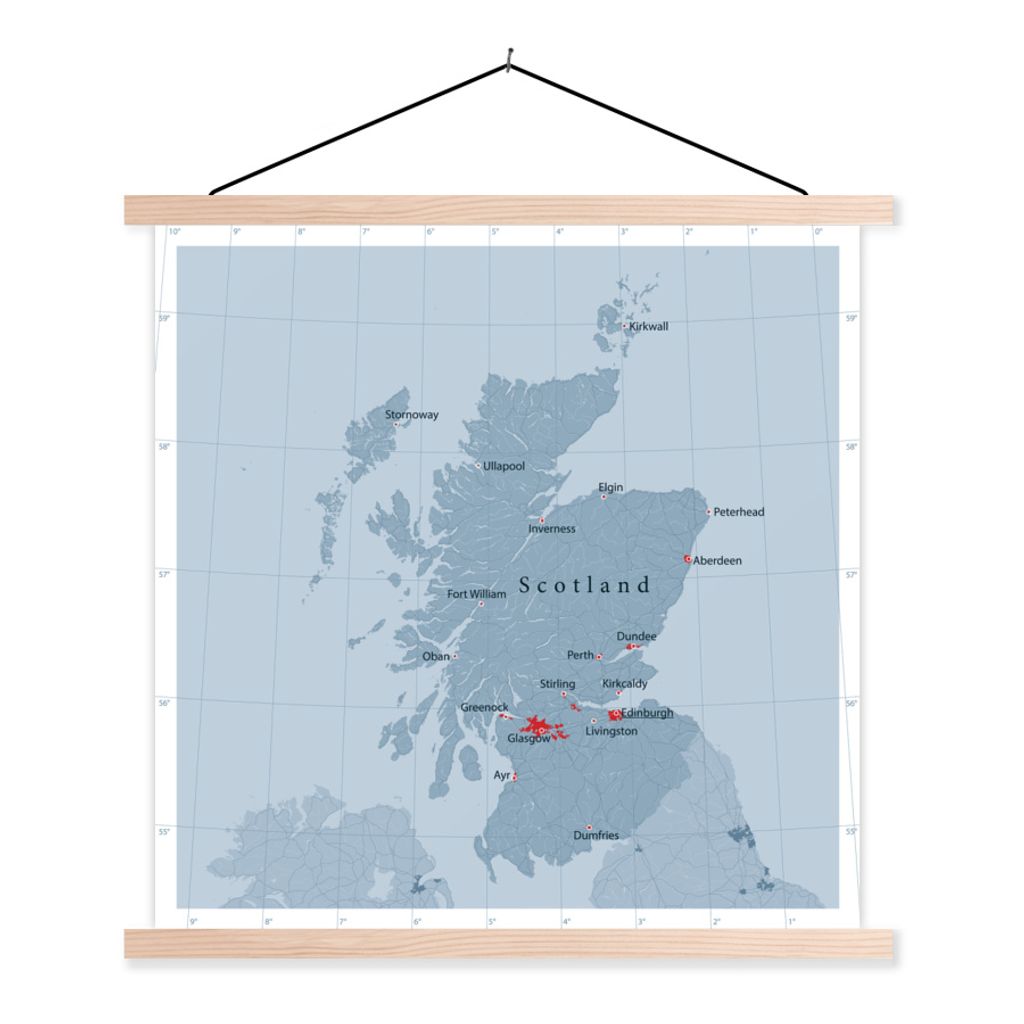 MuchoWow Textilposter Blaue Karte von Schottland mit den wichtigsten Städten 120x120 cm mit holzfarbenen Rahmen - Textil-Poster