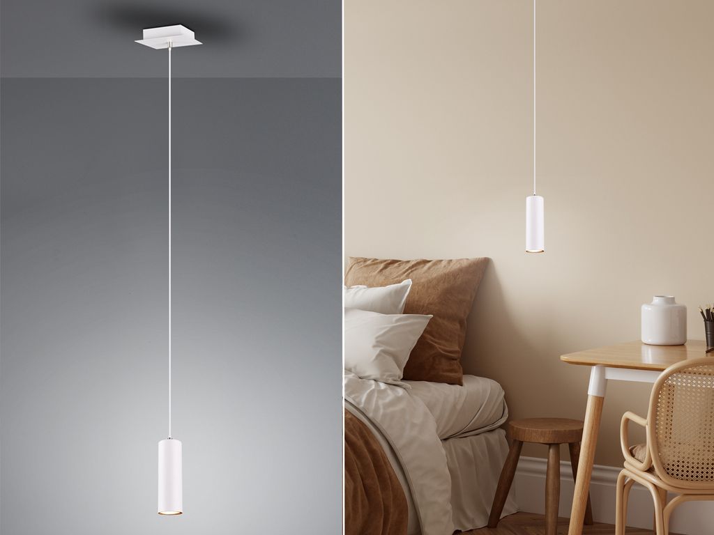 A collage showing a white pendant light on a gray background and in a bedroom setting.
