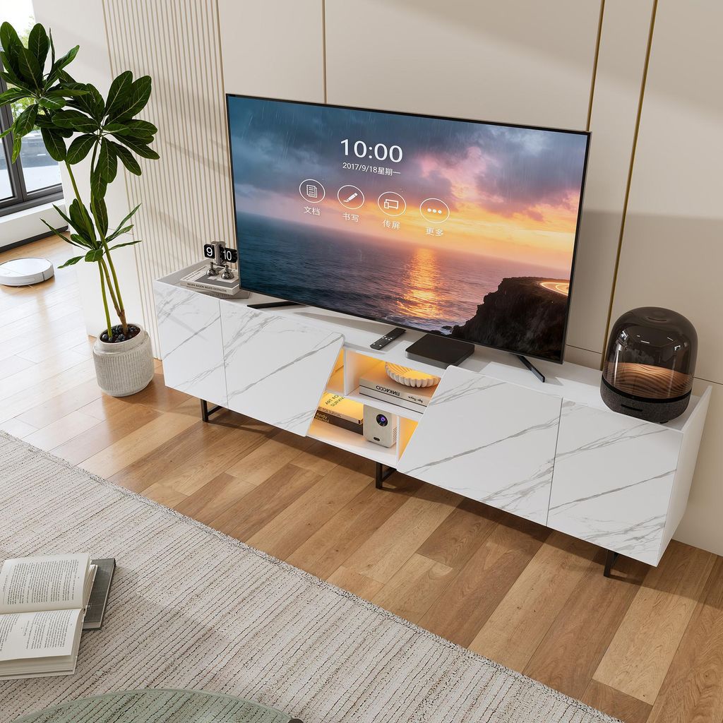 ProximaX Modernes TV-Board 220 cm mit Marmor-Optik, Schrägschnitt-Türen & Metallgestell, Offene und geschlossene Fächer, Fernsehtisch fürs Wohn...