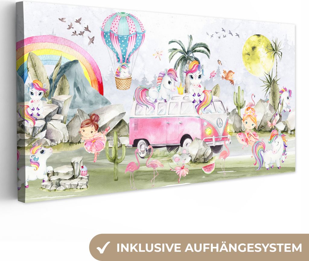 MuchoWow - Leinwandbilder - Einhorn - Regenbogen - Kinder - Mädchen - Auto, Wandbild, Wanddeko Bilder Wohnzimmer, 80x40 cm