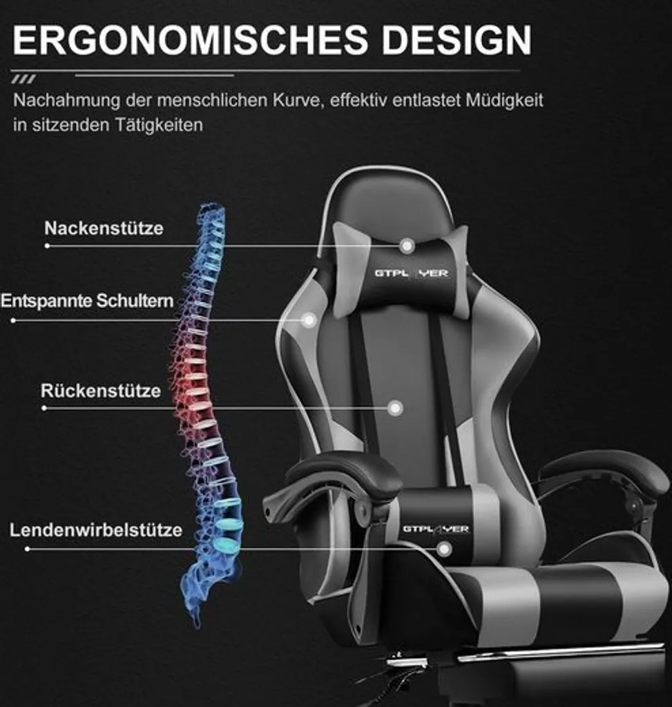 Chaise Gaming Confortable pour Longues Sessions avec Repose-pieds Gris - 2