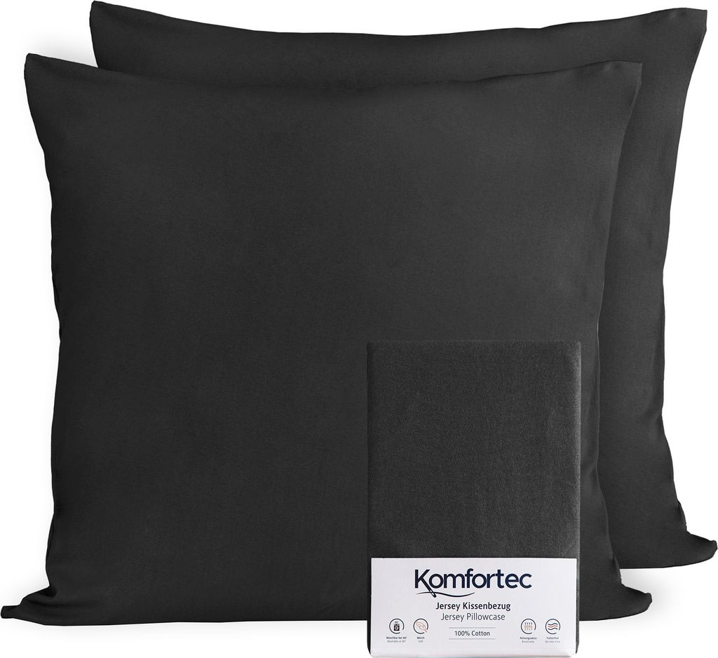 Komfortec 100% Baumwolle Kissenbezüge 2er Set 40x40 cm, Superweicher Premium Jersey Kopfkissenbezug 150 g/m², Kissenhülle, Schwarz