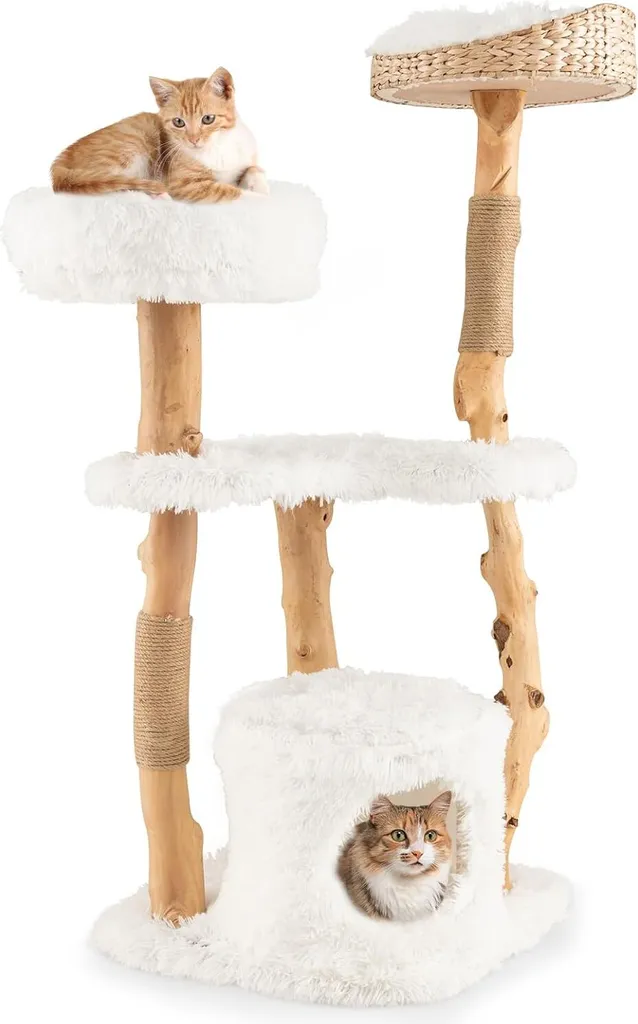 Meuble pour chats en bois massif 124cm avec plateforme d'assise moelleuse