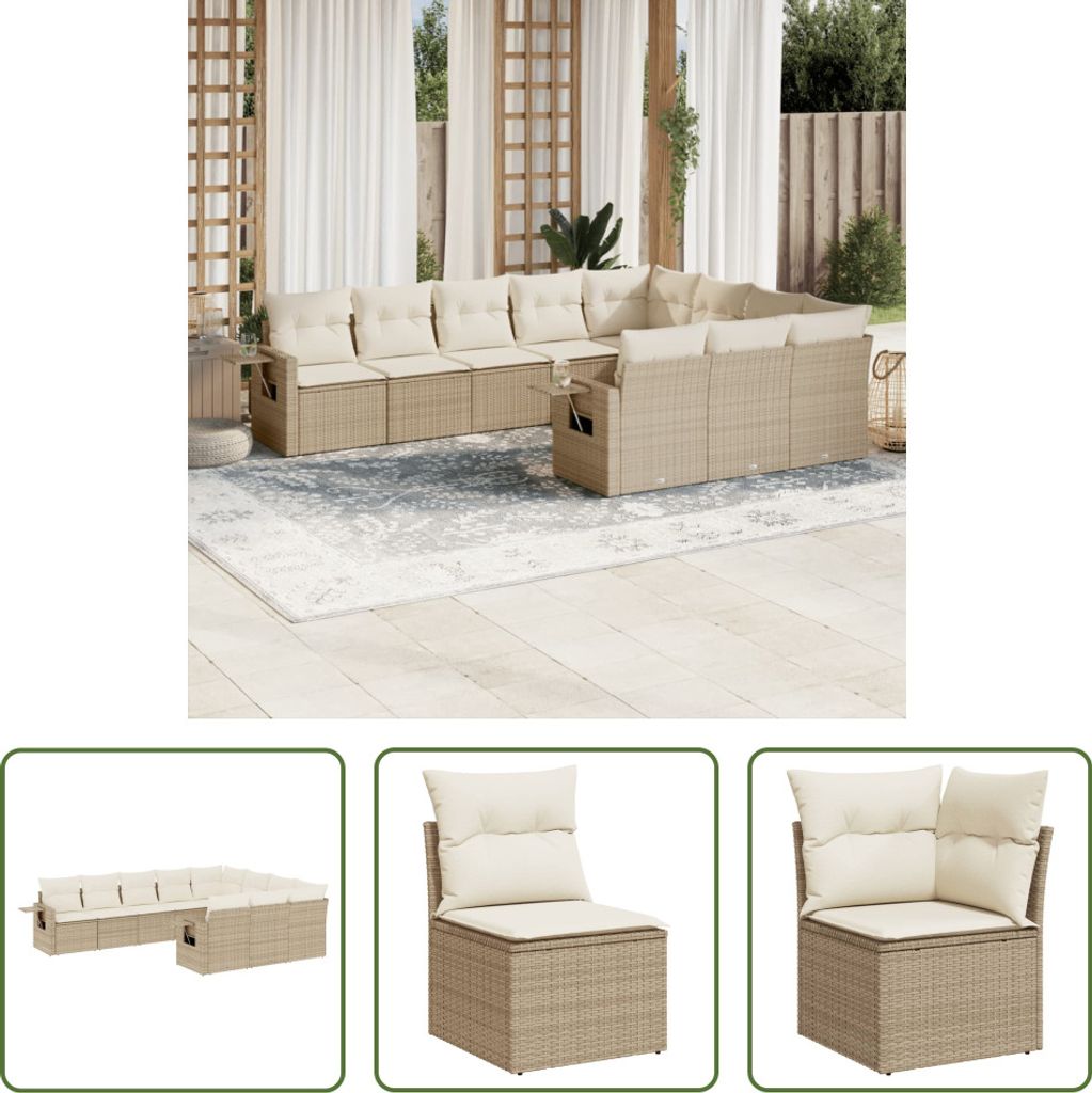 The Living Store 10-tlg. Garten-Sofagarnitur mit Kissen Beige Poly Rattan