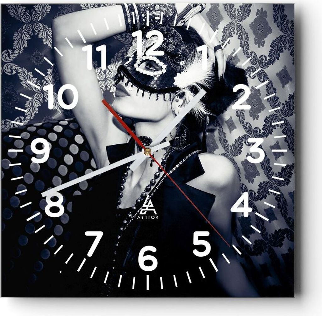 Wanduhr - Quadrat - Glasuhr - Frau Karneval Maske Mode - 30x30cm - Schleichendes Uhrwerk - Lautlos - zum Aufhängen bereit - Dekoration Modern - Wa...