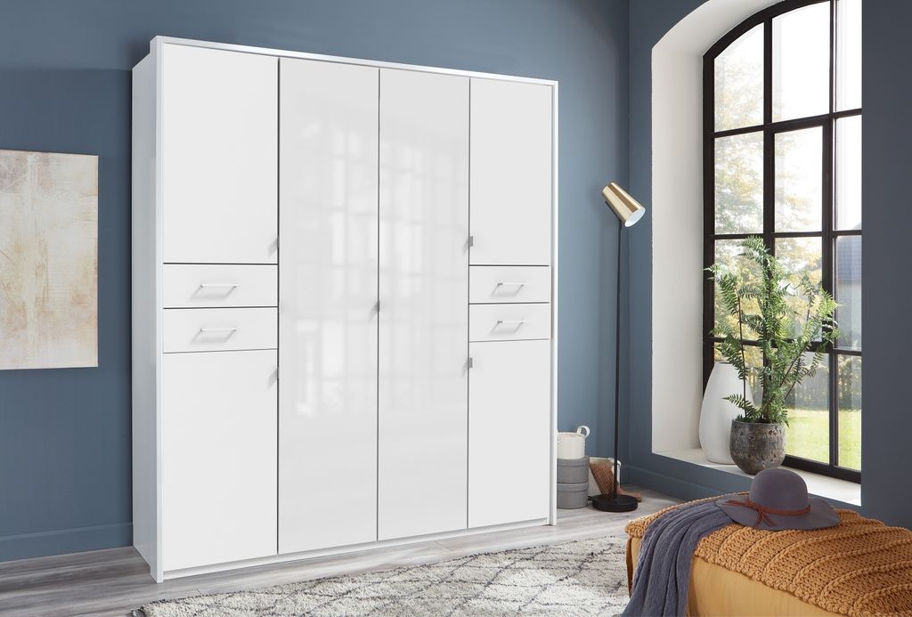 Drehtürenschrank >Danzig< in WEISS + GLAS WEISS - 180x208x58cm (BxHxT)