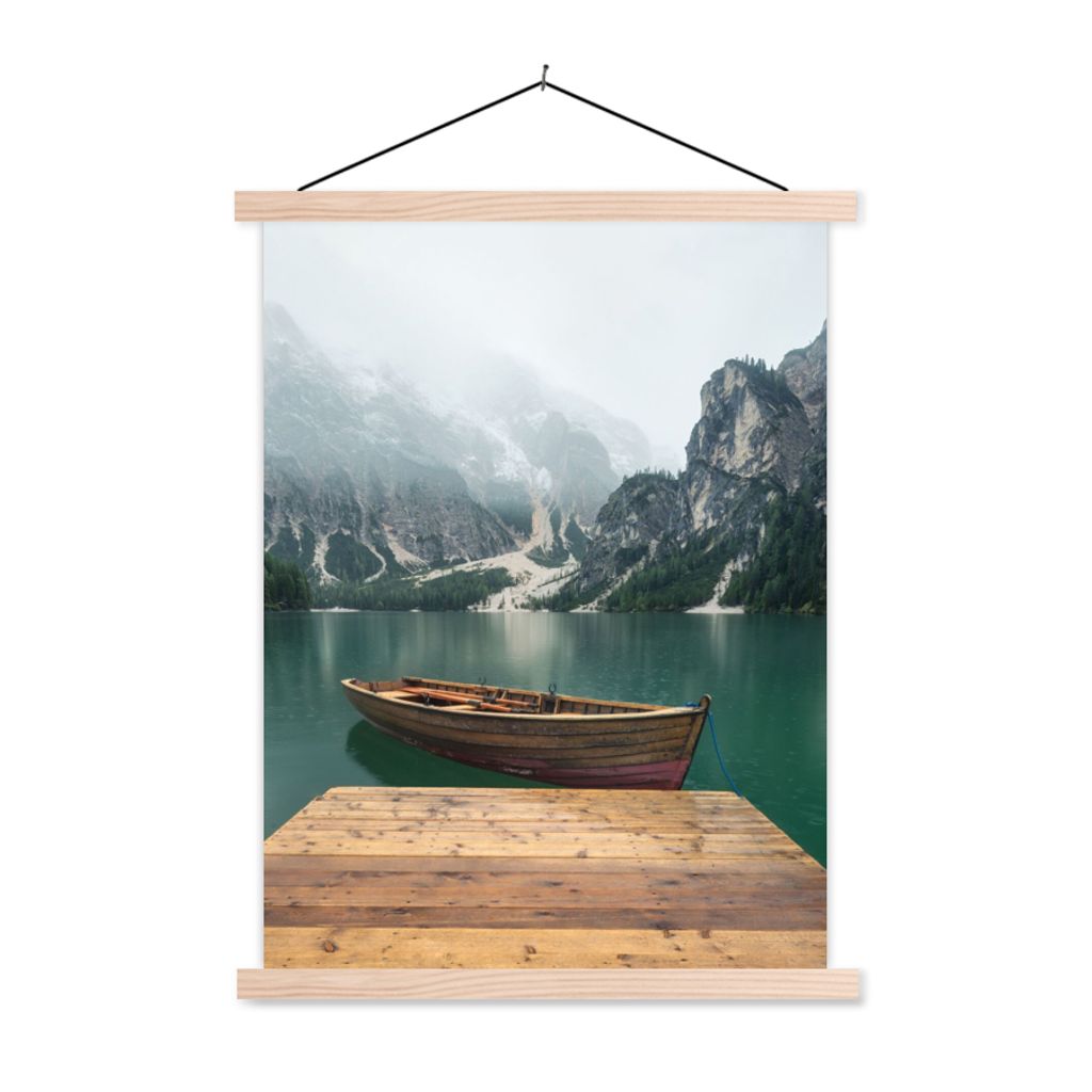 MuchoWow Textilposter Nebel - Schnee - Berg - Boot 120x160 cm mit holzfarbenen Rahmen - Plakatkarton