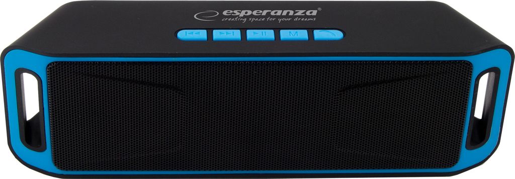 A black and blue portable speaker shown from the front.