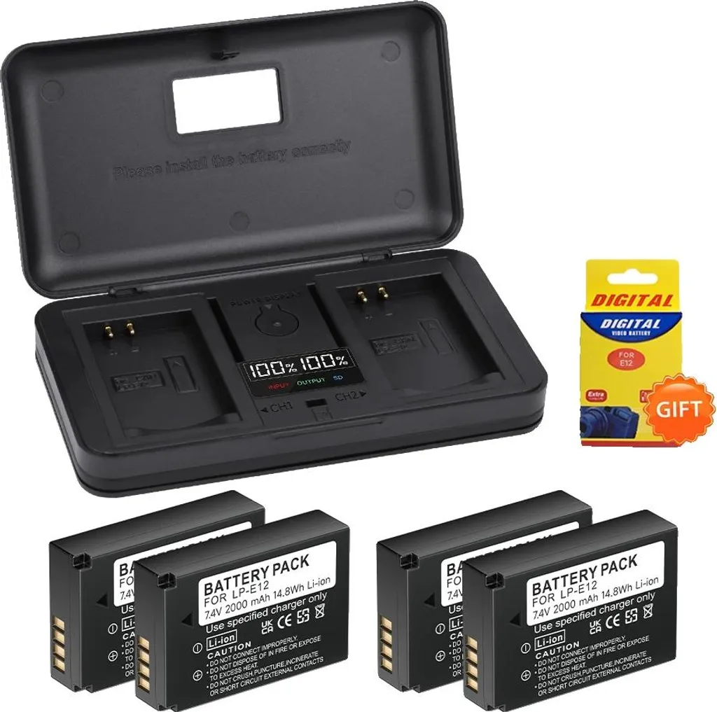 Batteries 2000 mAh haute capacité pour DSLR, lot de 4 avec chargeur