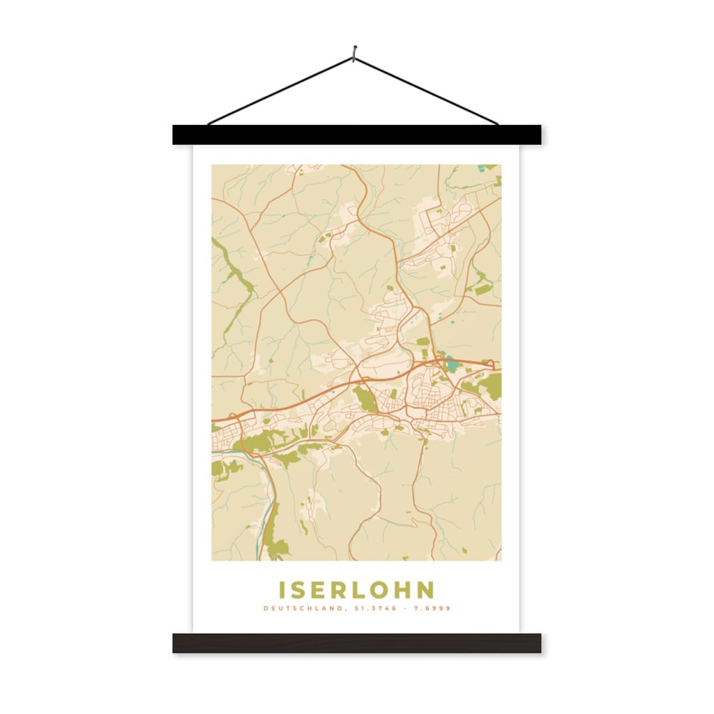MuchoWow Textilposter Karte - Iserlohn - Karte - Stadtplan - Vintage 40x60 cm mit schwarzem Rahmen - Wanddekorationen