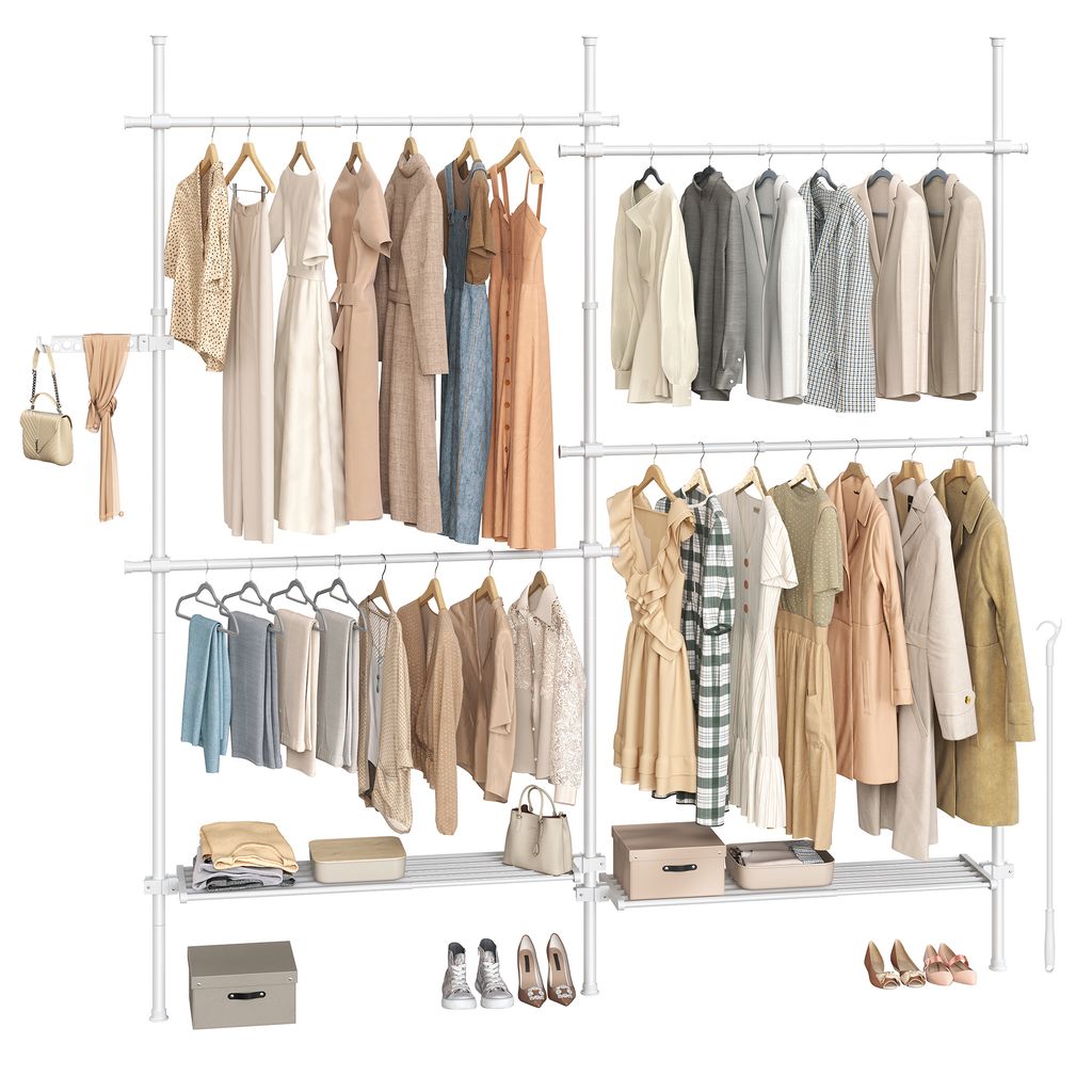 A white garment rack with multiple shelves and hanging clothes, shoes, and accessories.