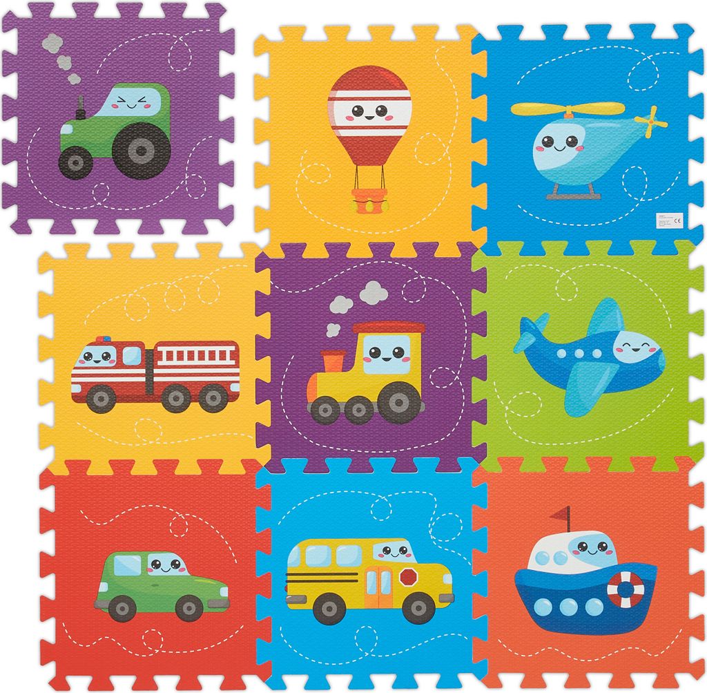 Relaxdays Puzzlematte Fahrzeuge, 9-tlg. Spielmatte, schadstofffrei, abwaschbar, Schaumstoff, Baby Krabbelmatte, bunt