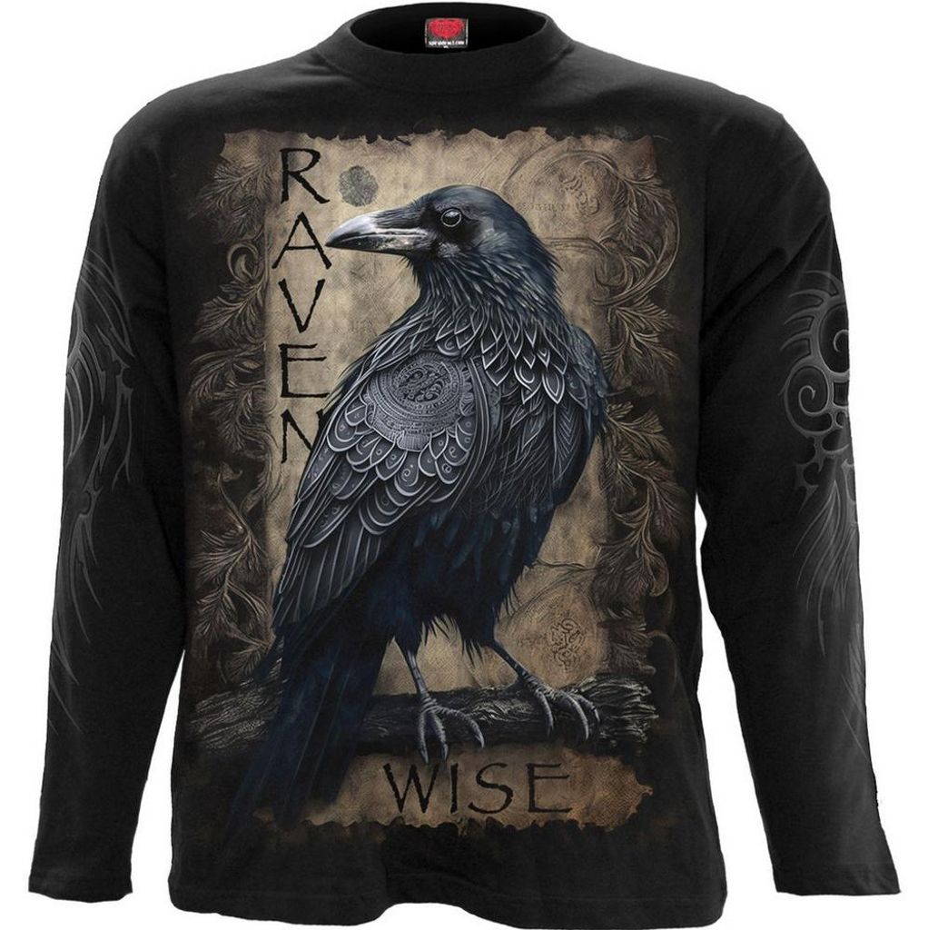 Spiral Direct - "Raven Wise" T-Shirt für Herren/Damen Uni, Rückseitiger Aufdruck, Langärmlig RO16148 (XXL) (Schwarz)