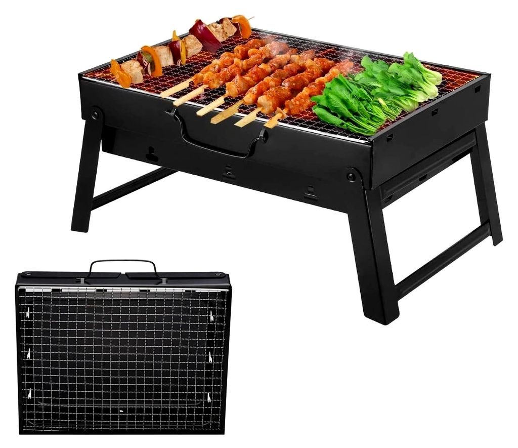 Holzkohlegrill Tragbar, Tischgrill Campinggrill Picknickgrill, Abnehmbarer Klappgrill Minigrill für Outdoor Terrasse Camping (Groß) Schwarz