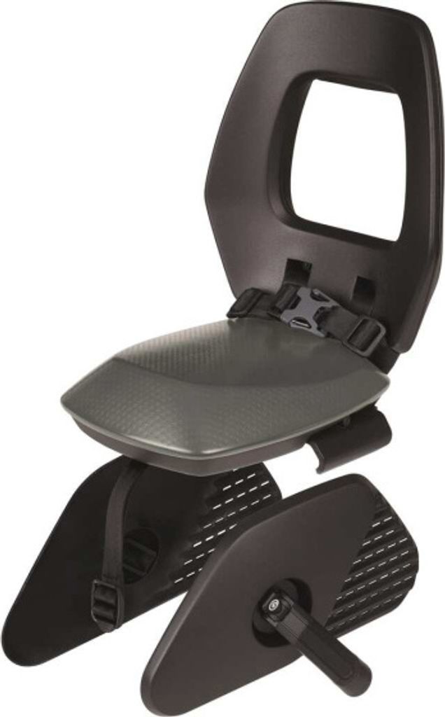 A black and dark gray child bicycle seat with footrests.