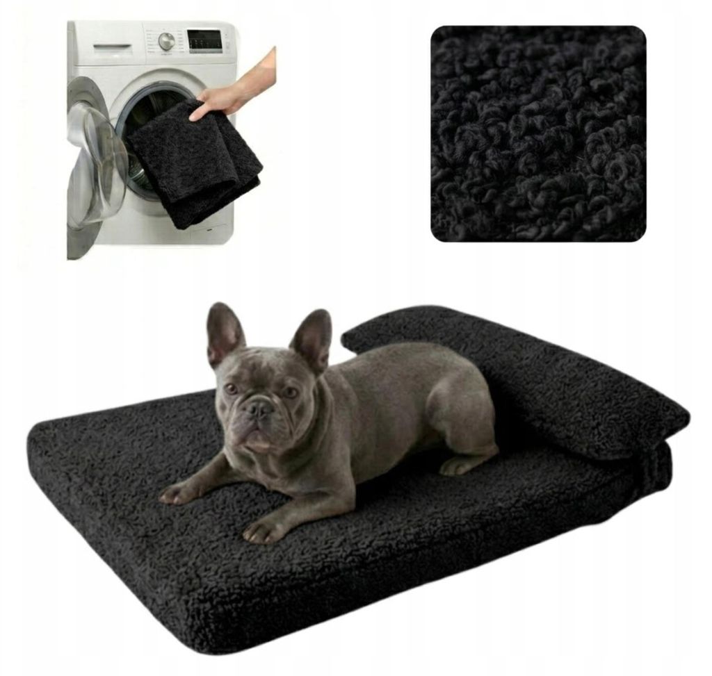 Komvortowy | Hundebett | SCHWARZ | Bouclé | 70x50x7 cm | Größe S | Weiche Hundematratze mit Kissen | Hundesofa | Waschbar & Rutschfest