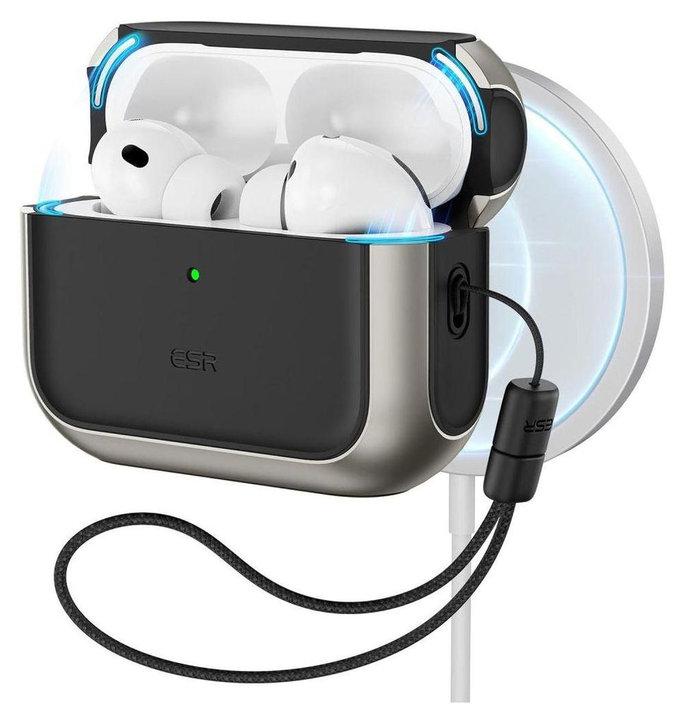 A protective case for Apple AirPods Pro 3, shown with the AirPods inside, attached to a MagSafe charger.