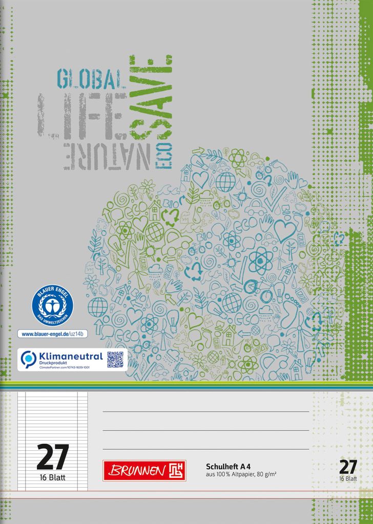 BRUNNEN 104412701 Cahier scolaire recyclé A4 ligné, avec Image du produit 