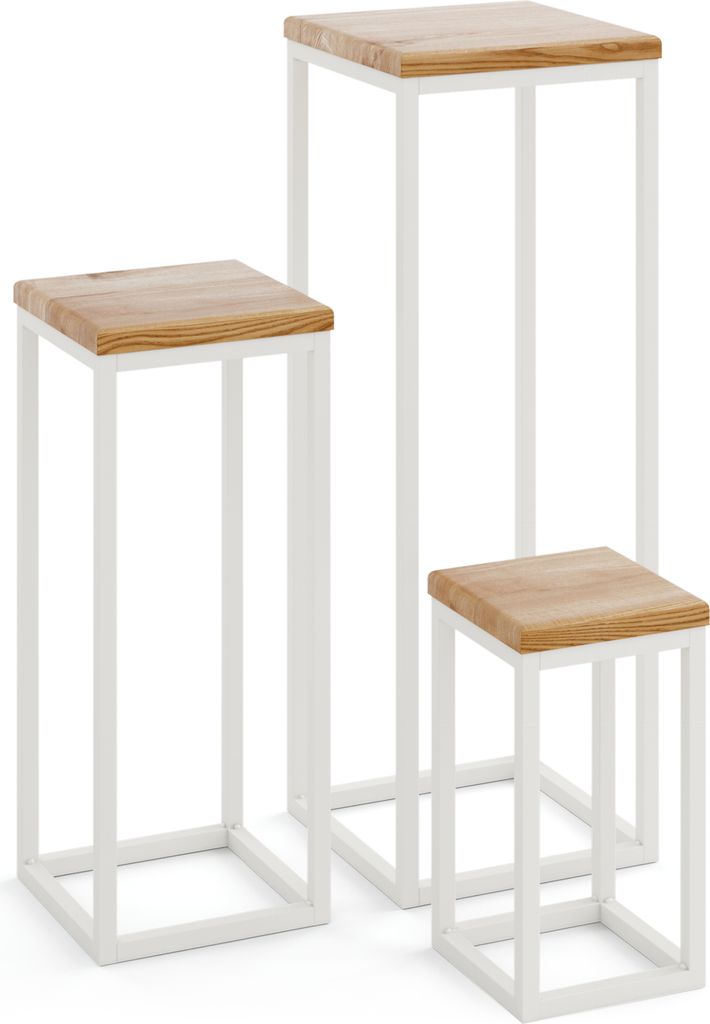 LAMO Manufaktur Pflanzenständer Set - 3 Stücke 30/50/70 cm | Blumenständer Weiss Metall | Blumenhocker Holz mit Rustikal Farbe | 100% Echtholz ...