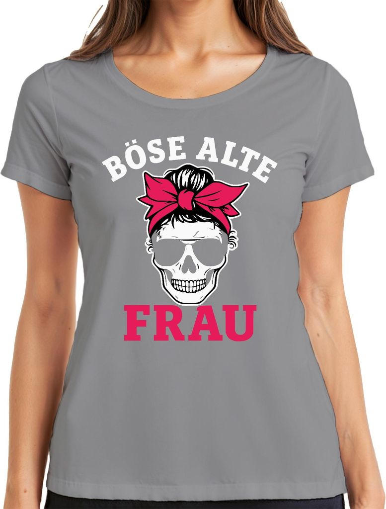Böse Alte Frau Totenkopf Bandana Sonnenbrille Oma Biker Rocker Damen T-Shirt, Grau, L