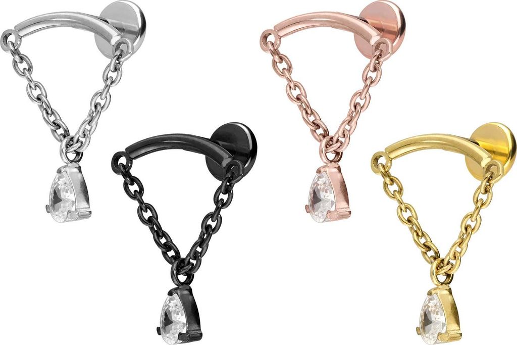 Ohrpiercing, Nasenpiercing Titan Labret mit Push Fit BOGEN + KETTE + KRISTALLTROPFEN Gold Stablänge: 8mm | Stabstärke: 1,2mm