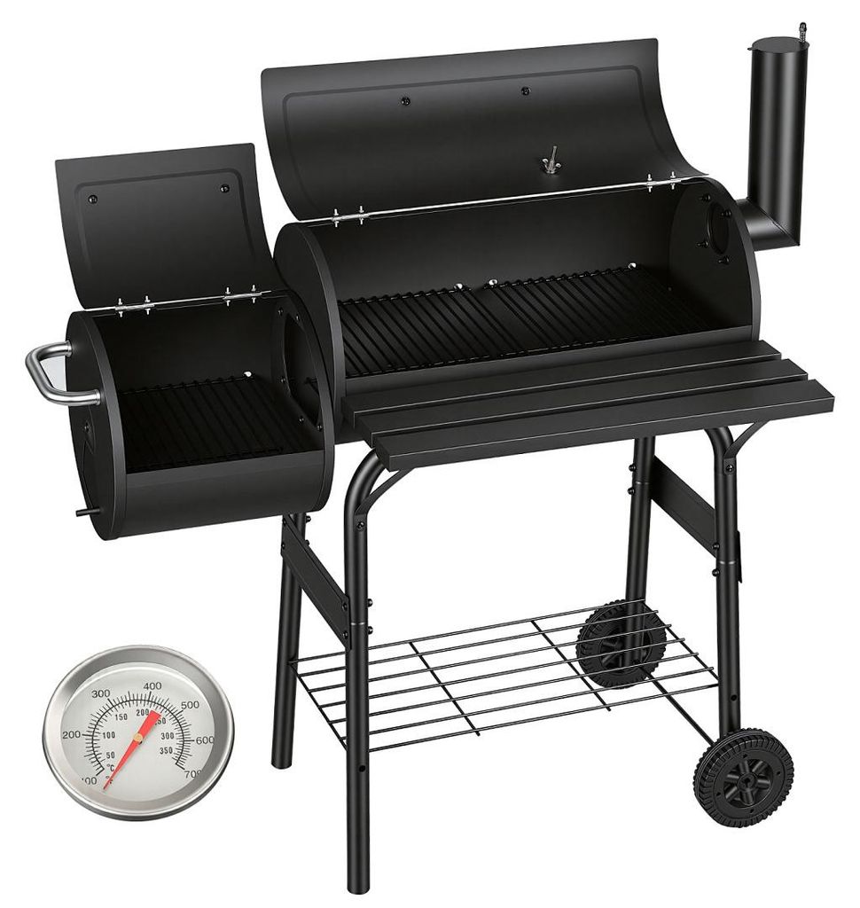 Faziango Holzkohlengrill mit Grillrost, Grillstation auf Rollen mit 2 Kammern, Grillwagen Gartengrill mit 2 Rädern und Temperaturanzeige