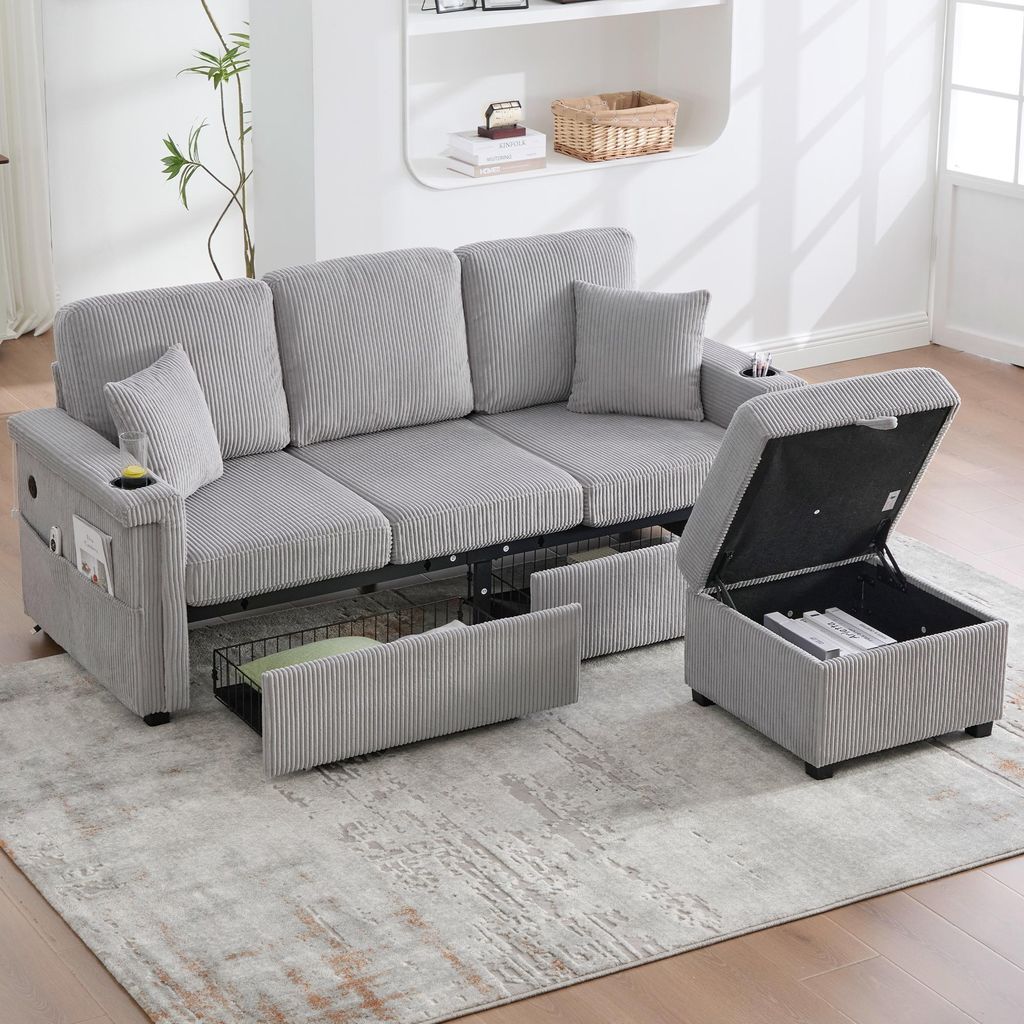 okwish Modernes Polstermöbel in Samtoptik,Samtsofa mit LED-Beleuchtung,Klassische Sofas Relaxsofa mit integrierte Getränkehalter&Seitentaschen,He...